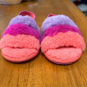 UGG Size 8 Fluff Yeah Colorful Kids Wool Slippers with stretch back strap.